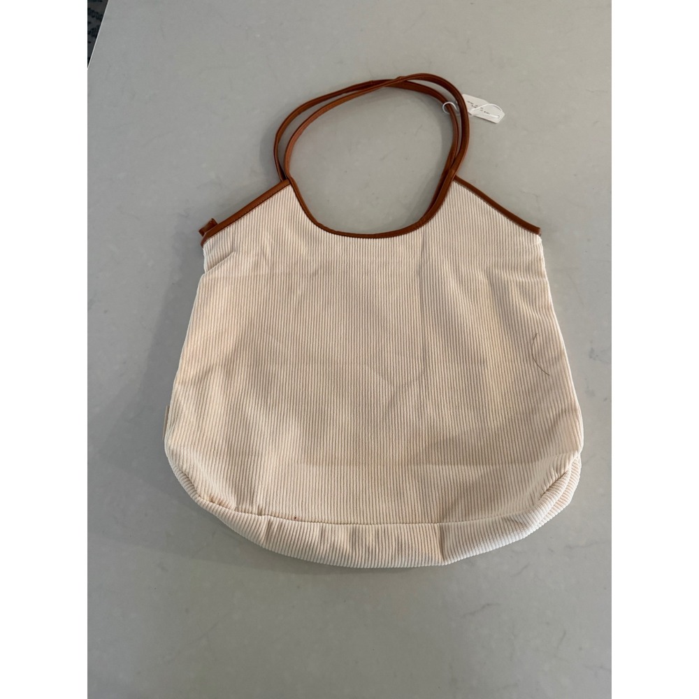Cream Corduroy Tote Bag Brown Trim Zipper Closure Shoulder Bag Slouchy Hobo - Picture 2 of 3